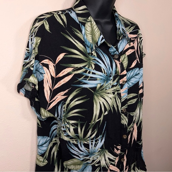 Large Moa Moa Tropical Short Sleeve Stretch Top Hawaiian Womens Button Front - Picture 5 of 12